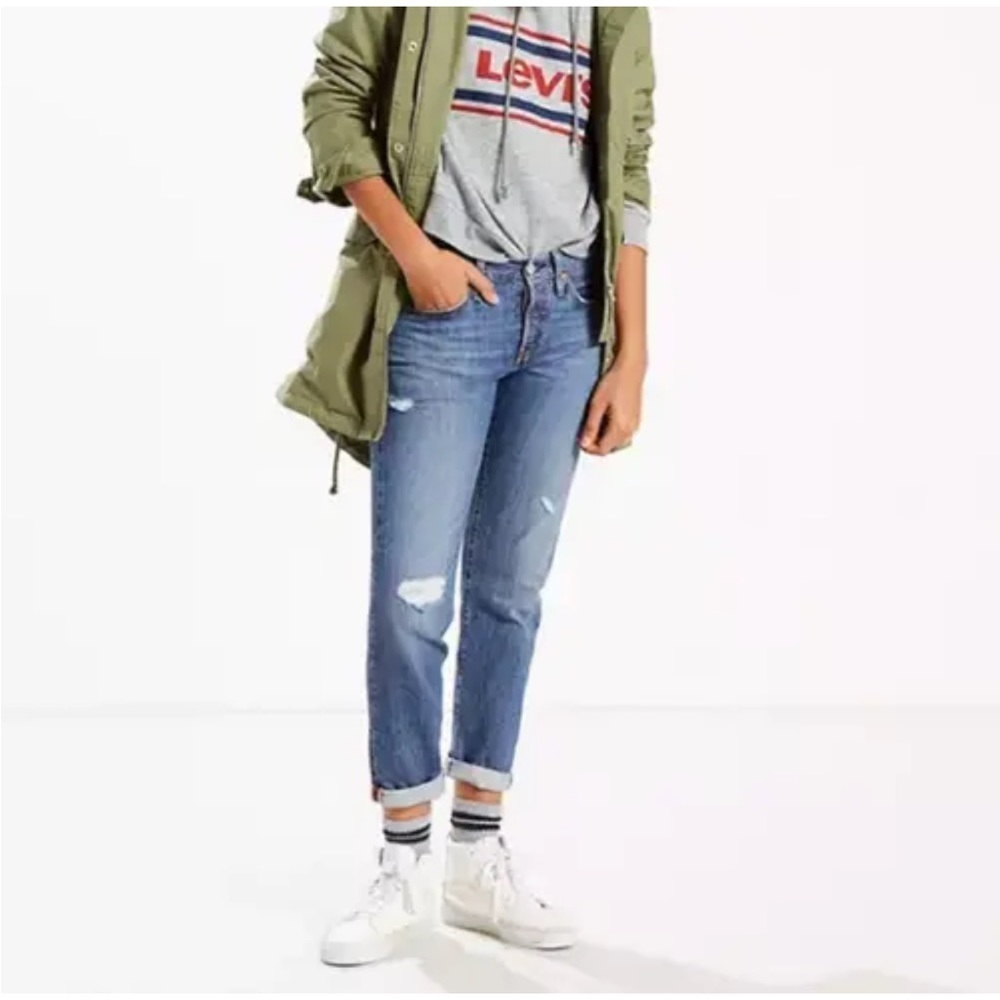Levi's 501 T Jeans Womens 28X28 Blue Distressed Tapered Button Fly